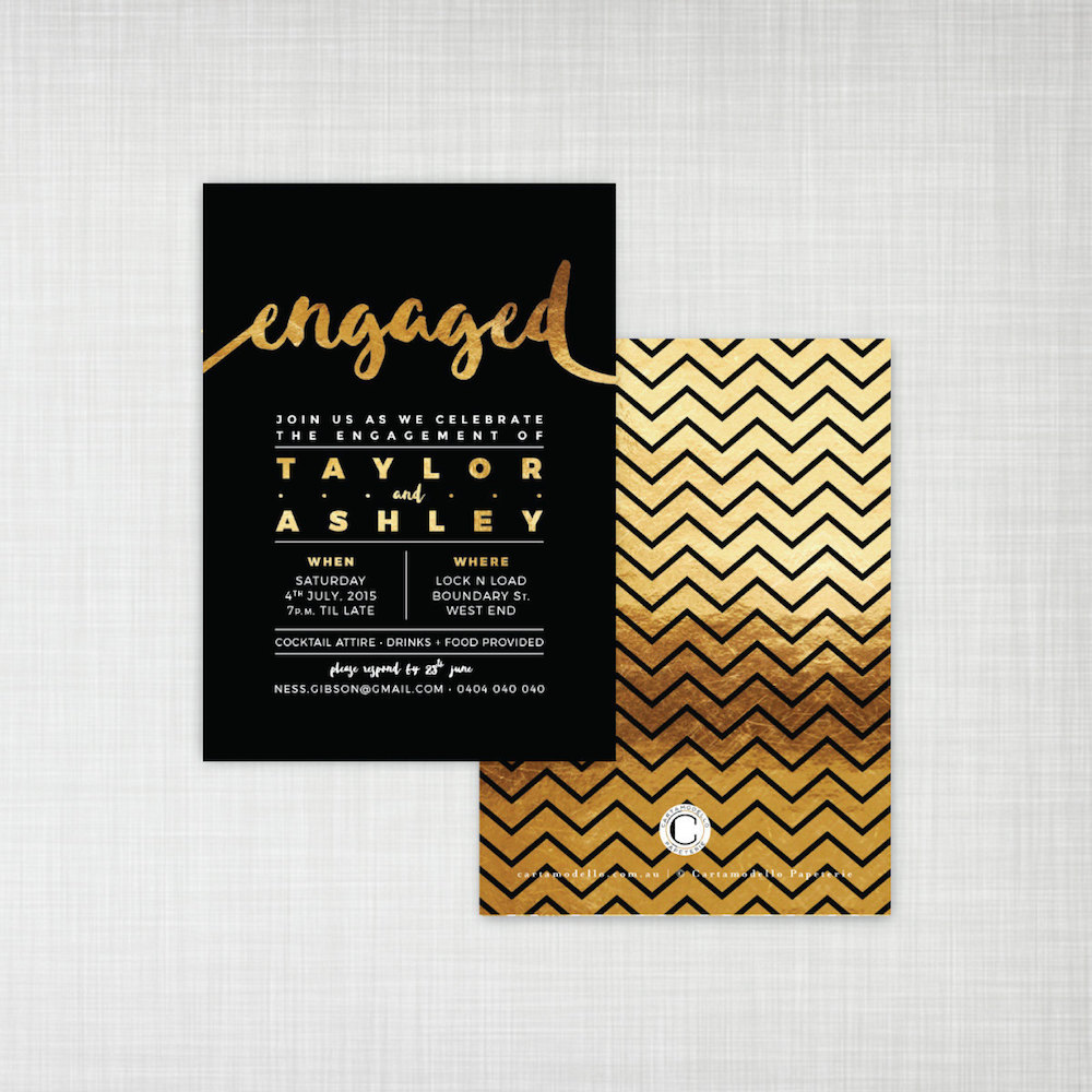 gold and black engagement party invitations