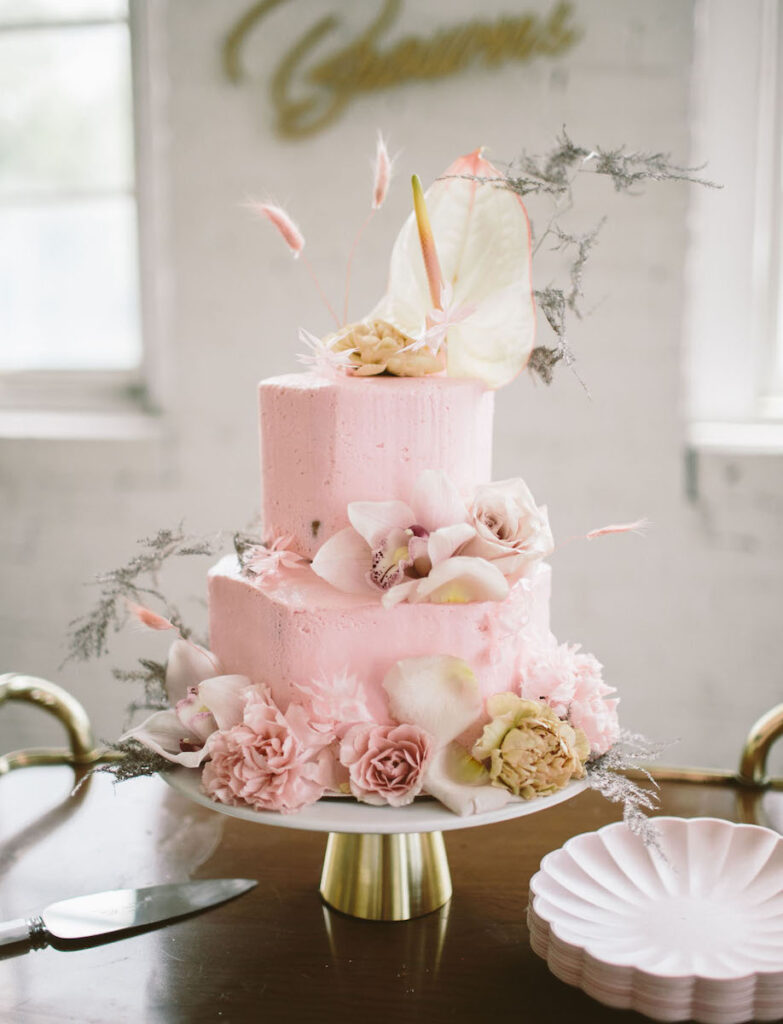 tiered, pink wedding cake