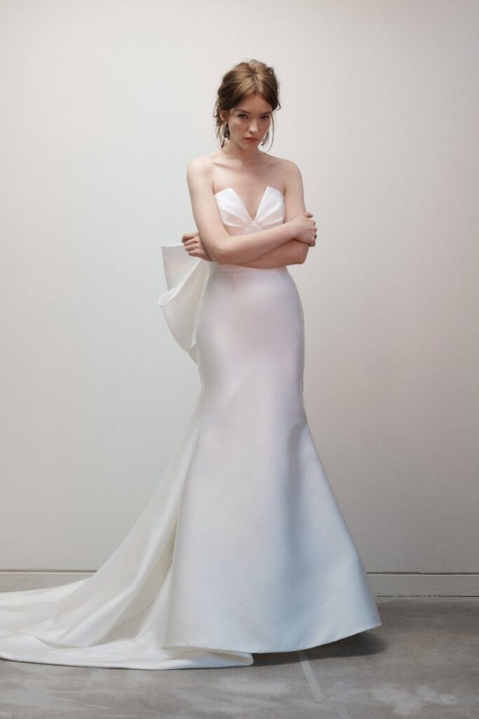 woman in modern sheath wedding gown
