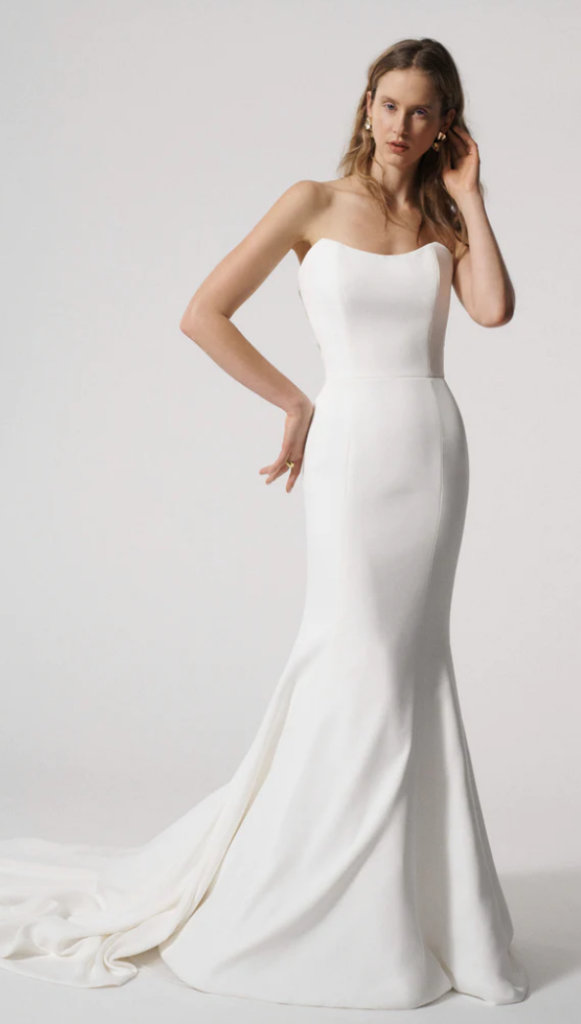 woman in sheath strapless wedding gown