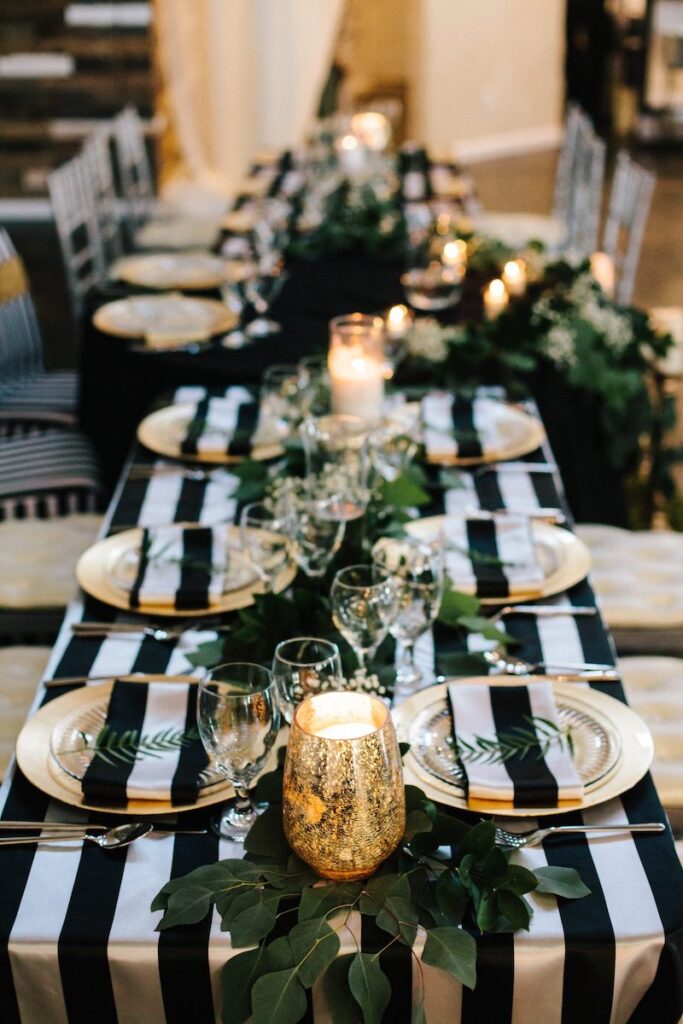 table setting for black and white wedding
