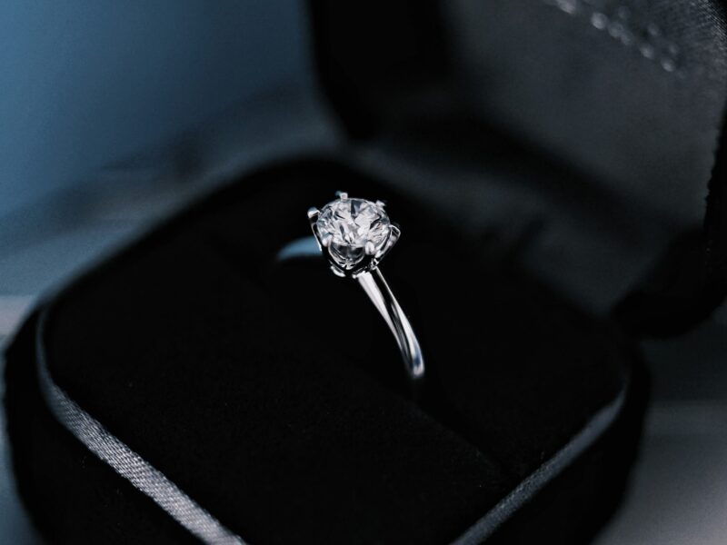 A beautiful solitaire diamond engagement ring in a black box.