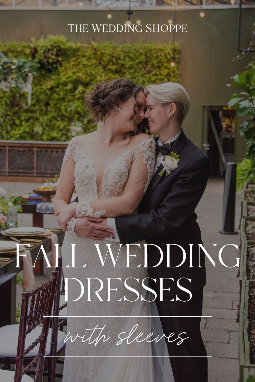 Pinnable blog post graphic for "Fall Wedding Dresses with Sleeves" from The Wedding Shoppe.