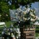 Chairs and flowers at a lakeside wedding ceremony.