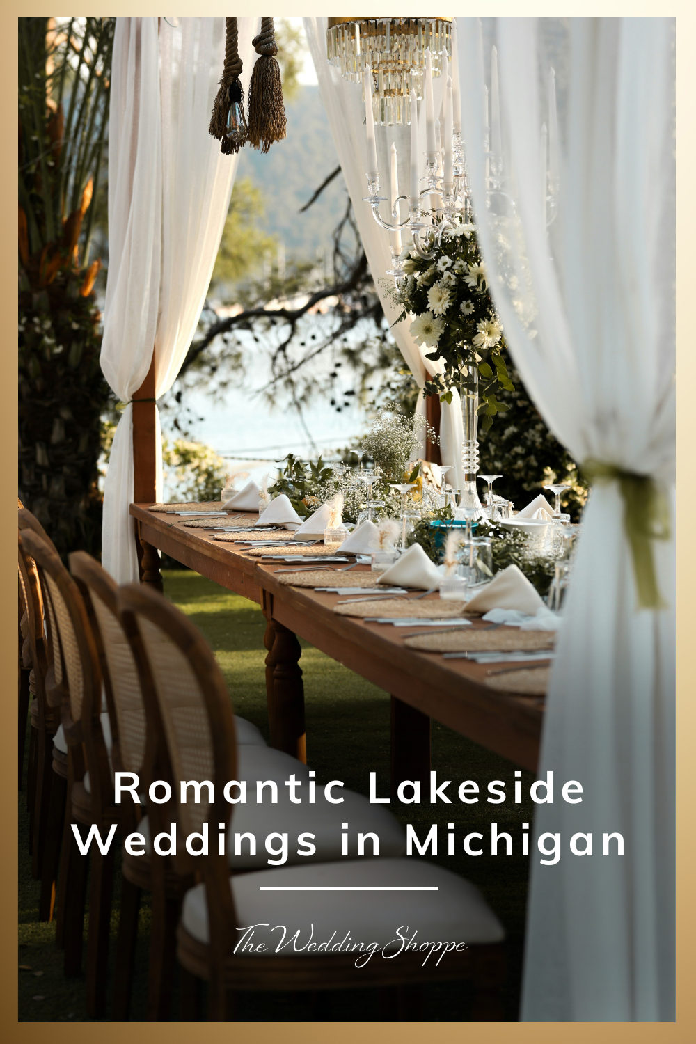 A Pinterest graphic for "Romantic Lakeside Weddings in Michigan."