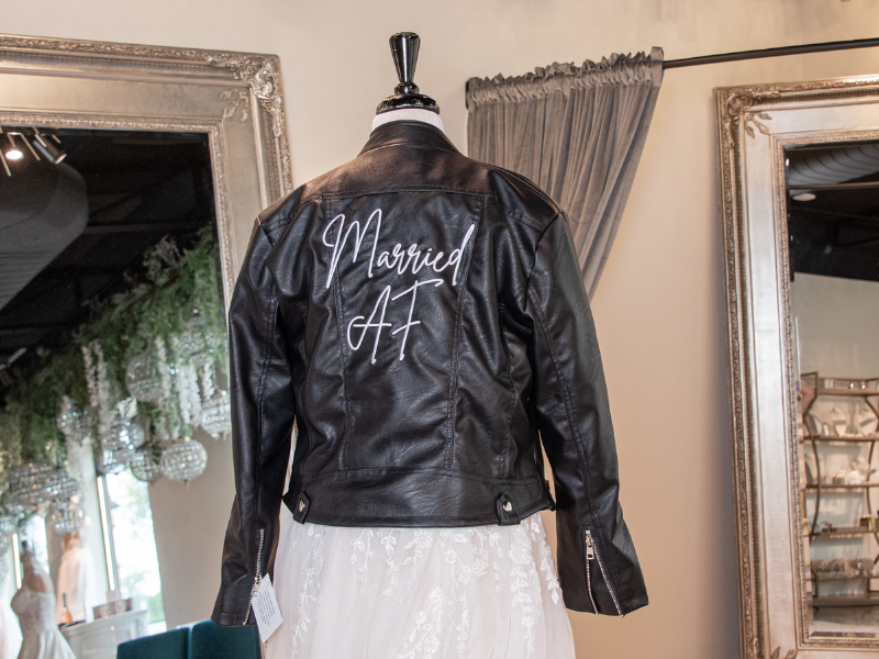 black leather jacket meant to be worn by bride