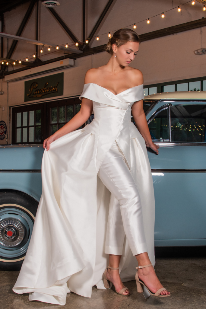 woman in modern bridal gown with pants and satin material