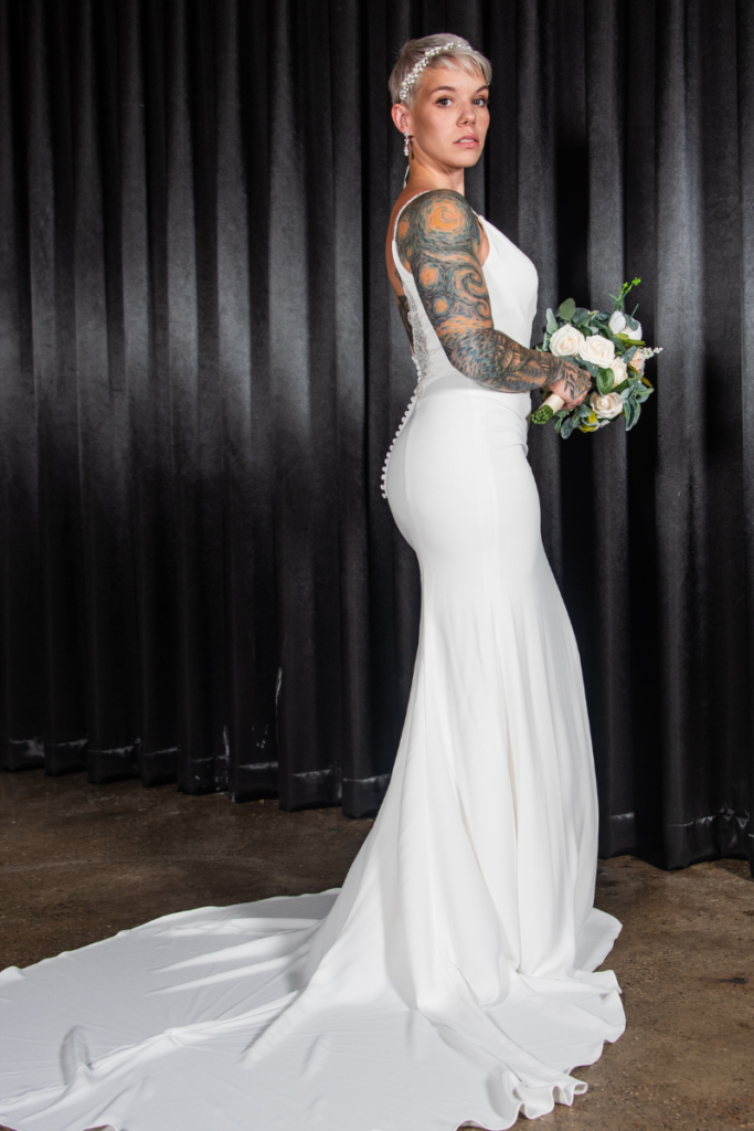 woman in white, sheath bridal gown