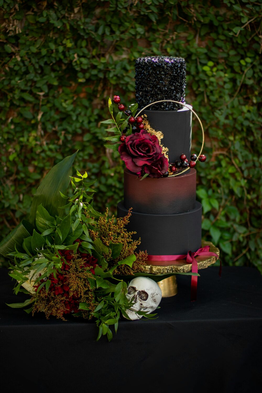 A unique red and black wedding cake.