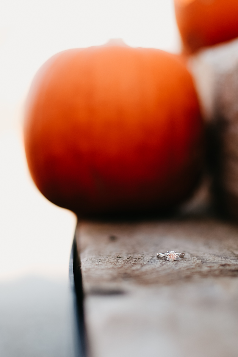 wedding ring in focus with pumpkin out of focus in back
