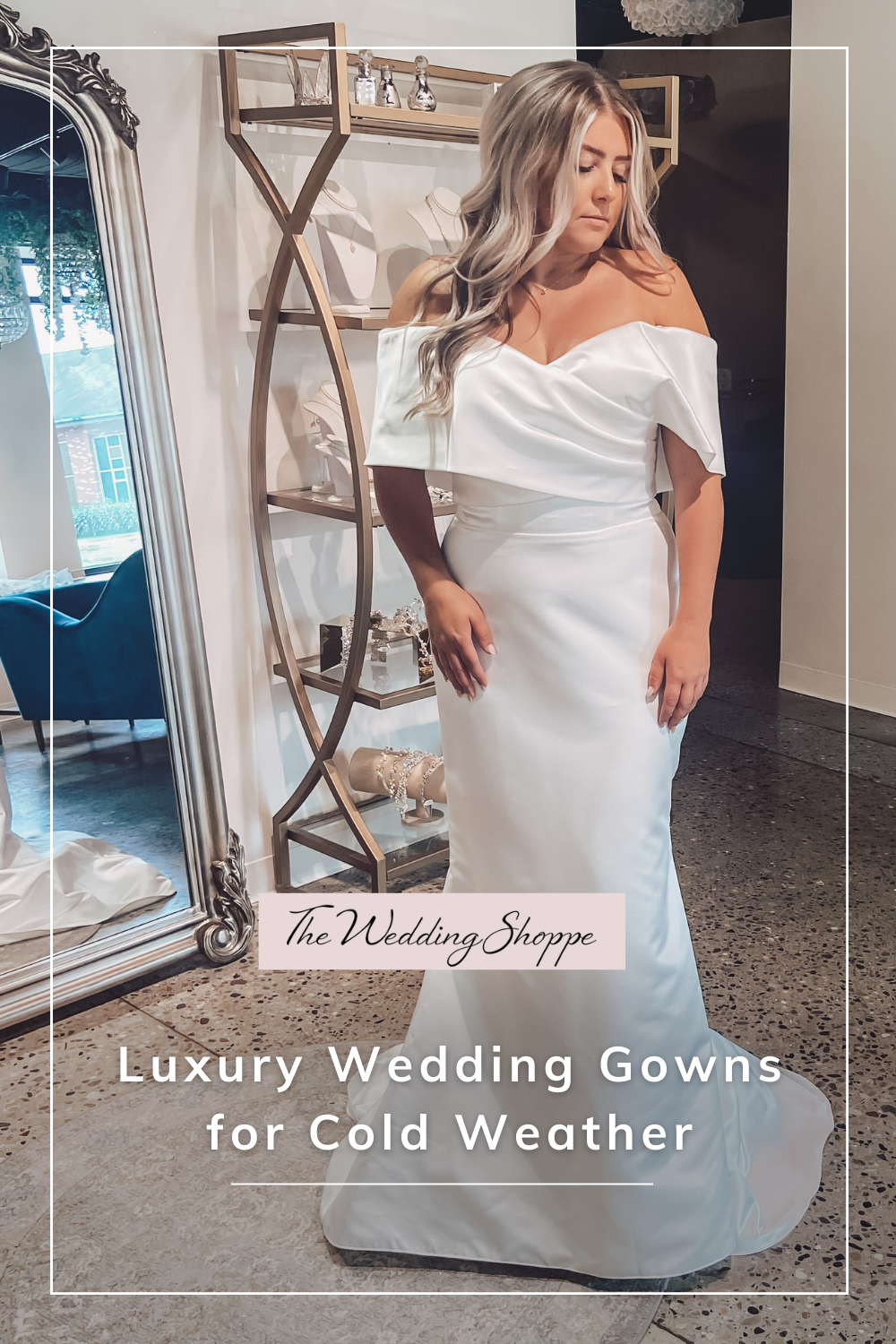 blog post graphic for "Luxury Wedding Gowns for Cold Weather" showing woman in wedding gown for cold weather