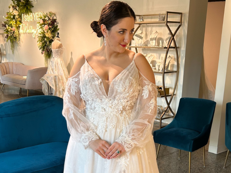 woman in trendy, beautiful 3D laced wedding dress