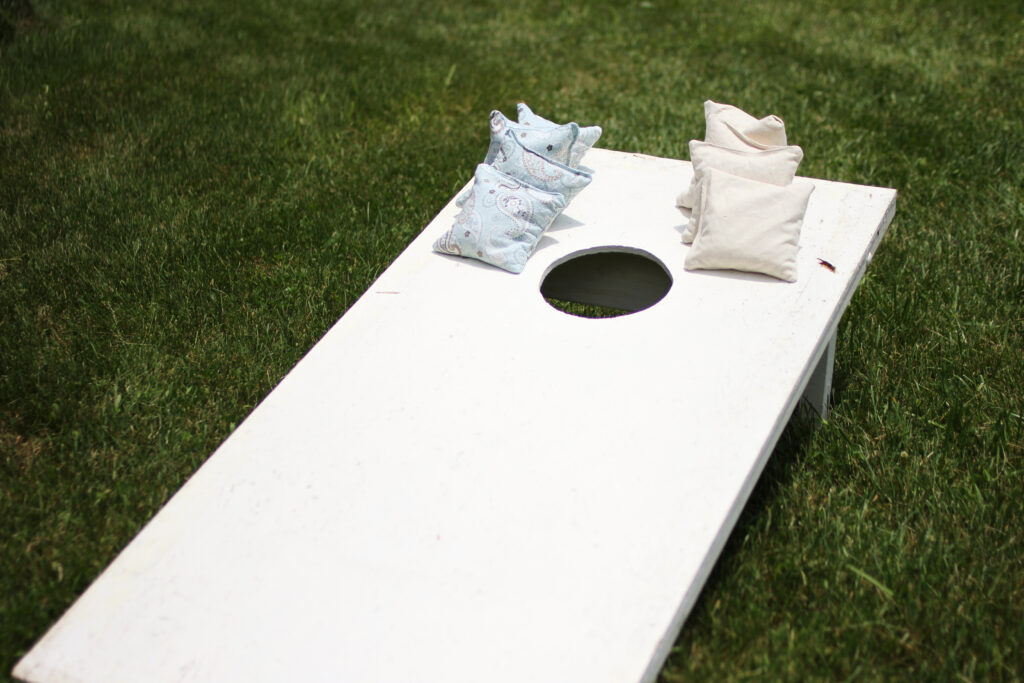 cornhole lawn game for backyard wedding reception