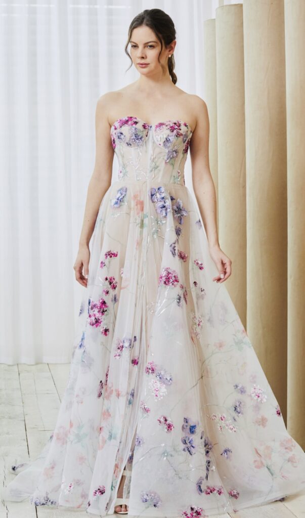 couture wedding dress with hand-painted floral details