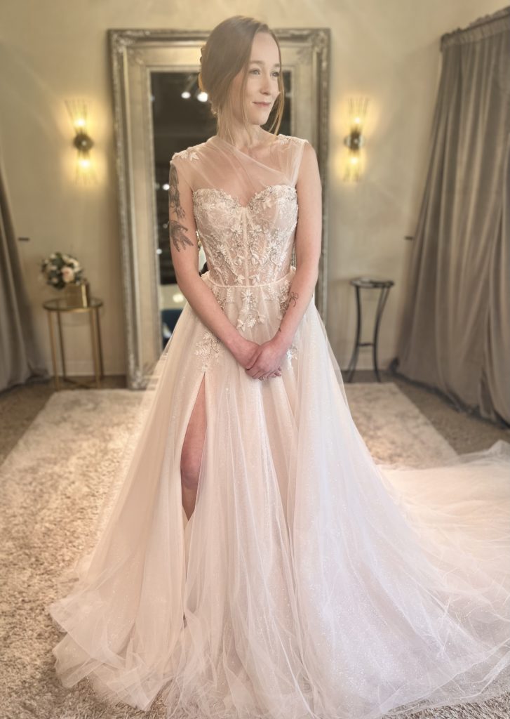 wedding gown with tulle fabric giving a romantic look