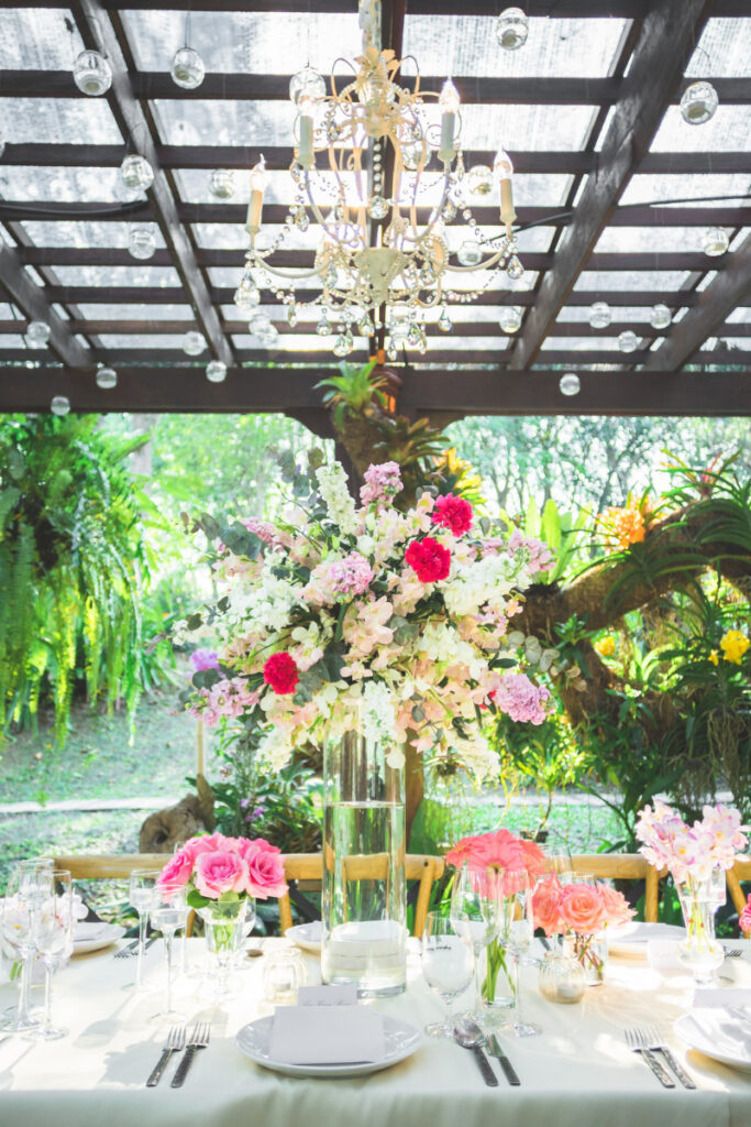 large floral display on wedding table
