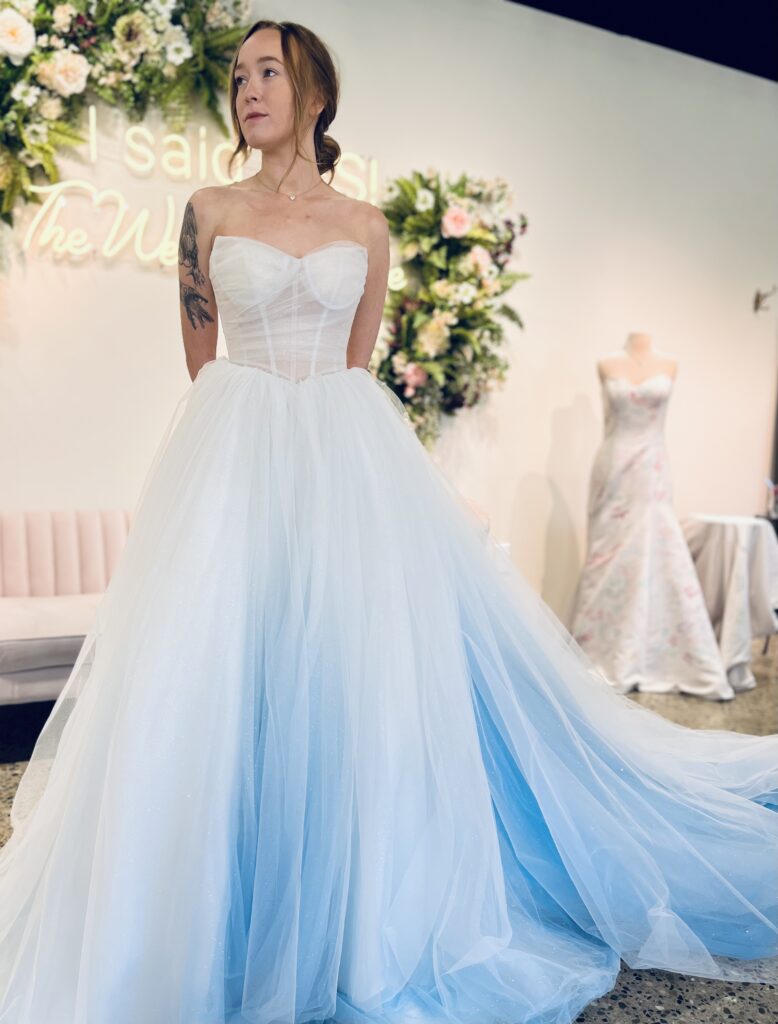 Cinderella-inspired ballgown with blue ombré tulle and sparkles, perfect for fairytale wedding