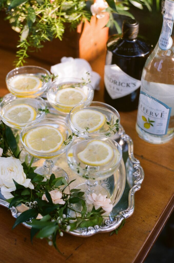 cocktails with lemon slices in them for a garden themed wedding