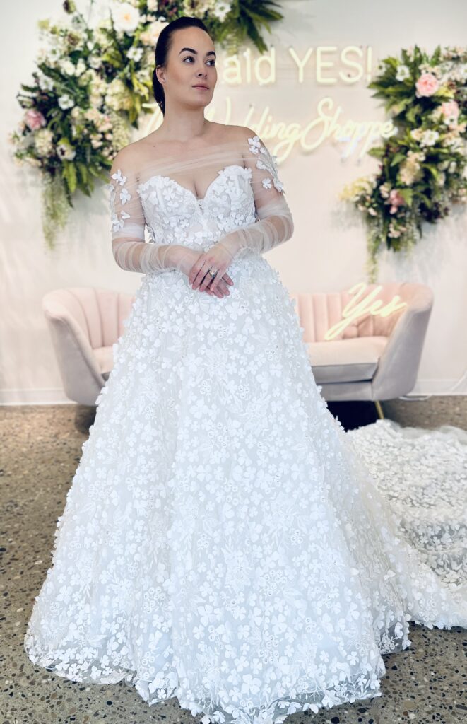 sweetheart ballgown with 3D laser-cut floral lace and a ruched tulle shawl for fairytale wedding
