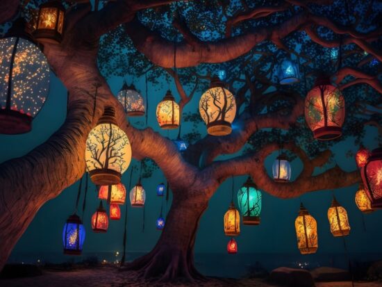 tree with beautiful hanging lanterns for a fairytale wedding at night