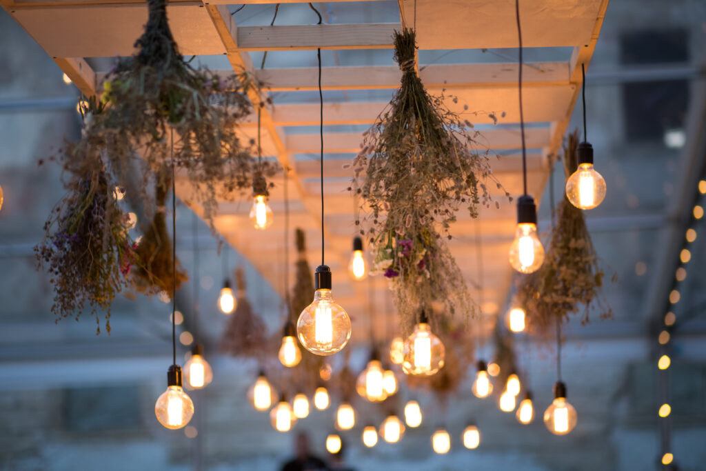 hanging light bulbs and plants with flowers for a fairytale wedding