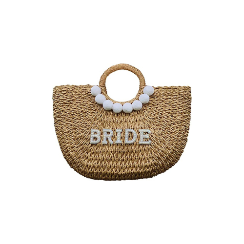 beach tote bag with the word "bride" on it