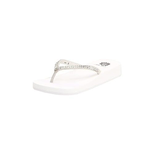 White, 1.5 inch platform flip flop with silver rhinestones on the band.