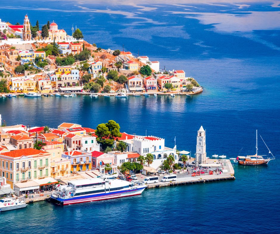 incredible blue ocean and colorful buildings on the greek islands as a honeymoon idea