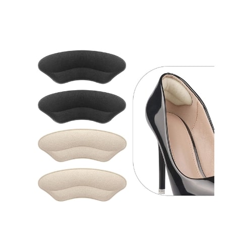 On the left of the image are two sets of heel cushions in beige and black. On the right is an image of the back of a heeled shoe with the beige cushion attached to the inside of the heel.