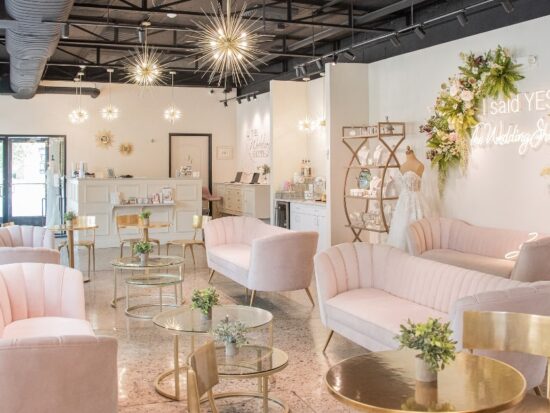 pink luxurious couches at the Wedding Shoppe's lobby lounge