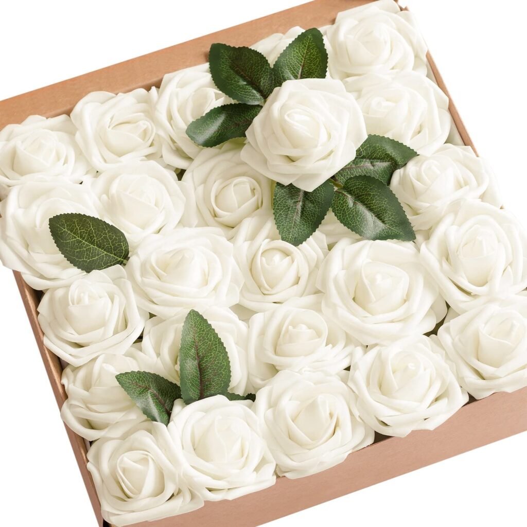 Square cardboard box filled with white artificial roses.