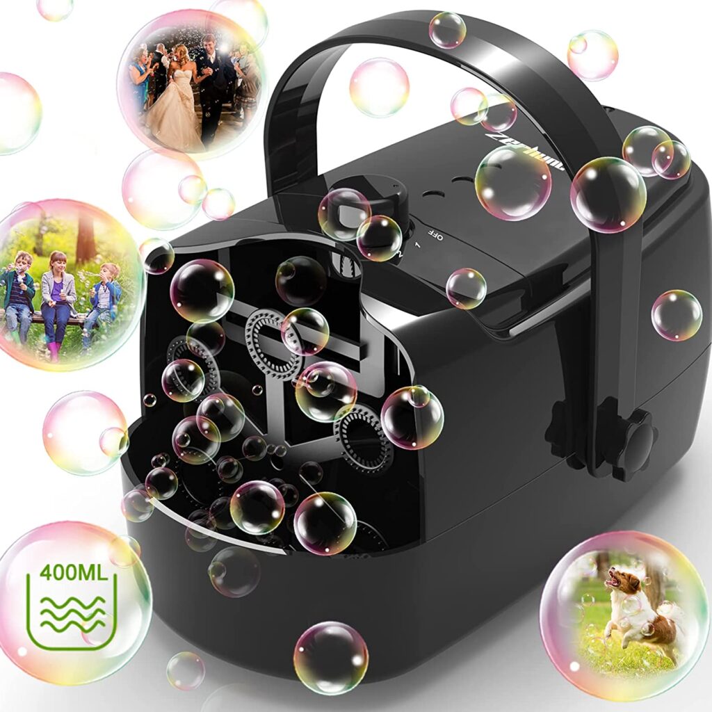 Small black bubble machine with floating bubbles all around it.