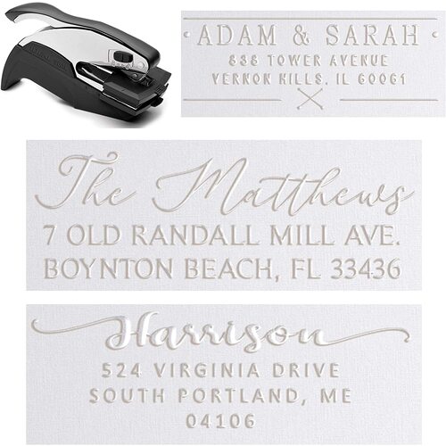 Card embosser stamp in the top left corner with different examples of embossed addresses in pearl white.