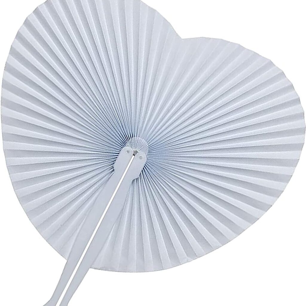 White, foldable, heart shaped fan.