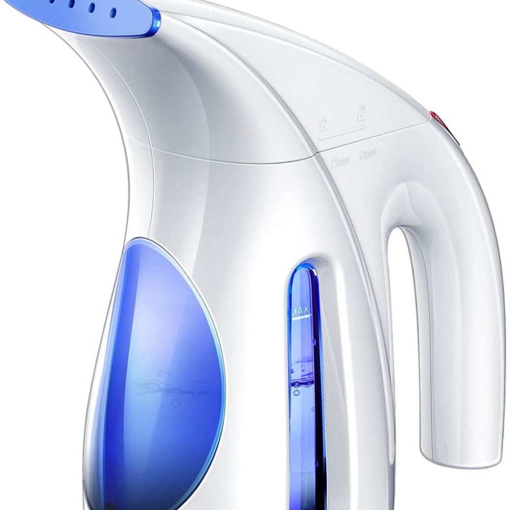 Small white, handheld steam cleaner. The water tank and steam valve are blue.