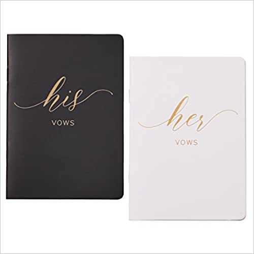 Two books side by side. The left book is black and says "his vows" the right book is white and says "her vows" both words are in gold lettering.