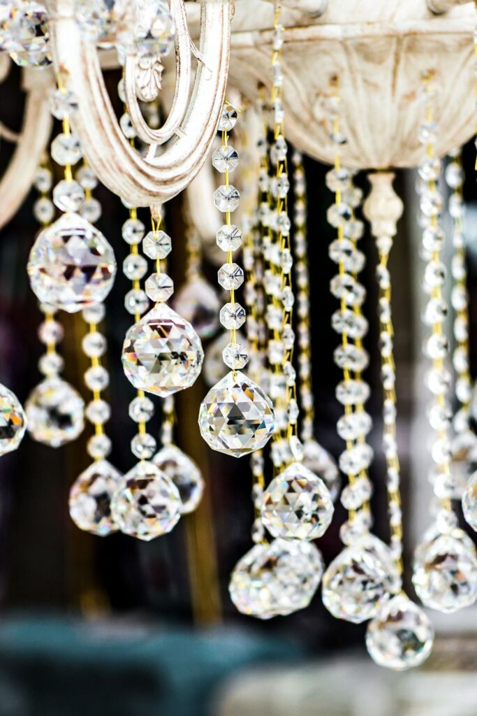 chandelier decoration with hanging jewels for a vintage gatsby-themed wedding