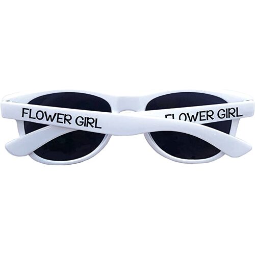 White frame sunglasses with the words "flower girl" on the arms.