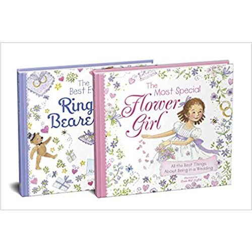 Hardcover book with pink binding and young girl surrounded by flowers on the cover. Behind that book is another in the same style with blue binding.
