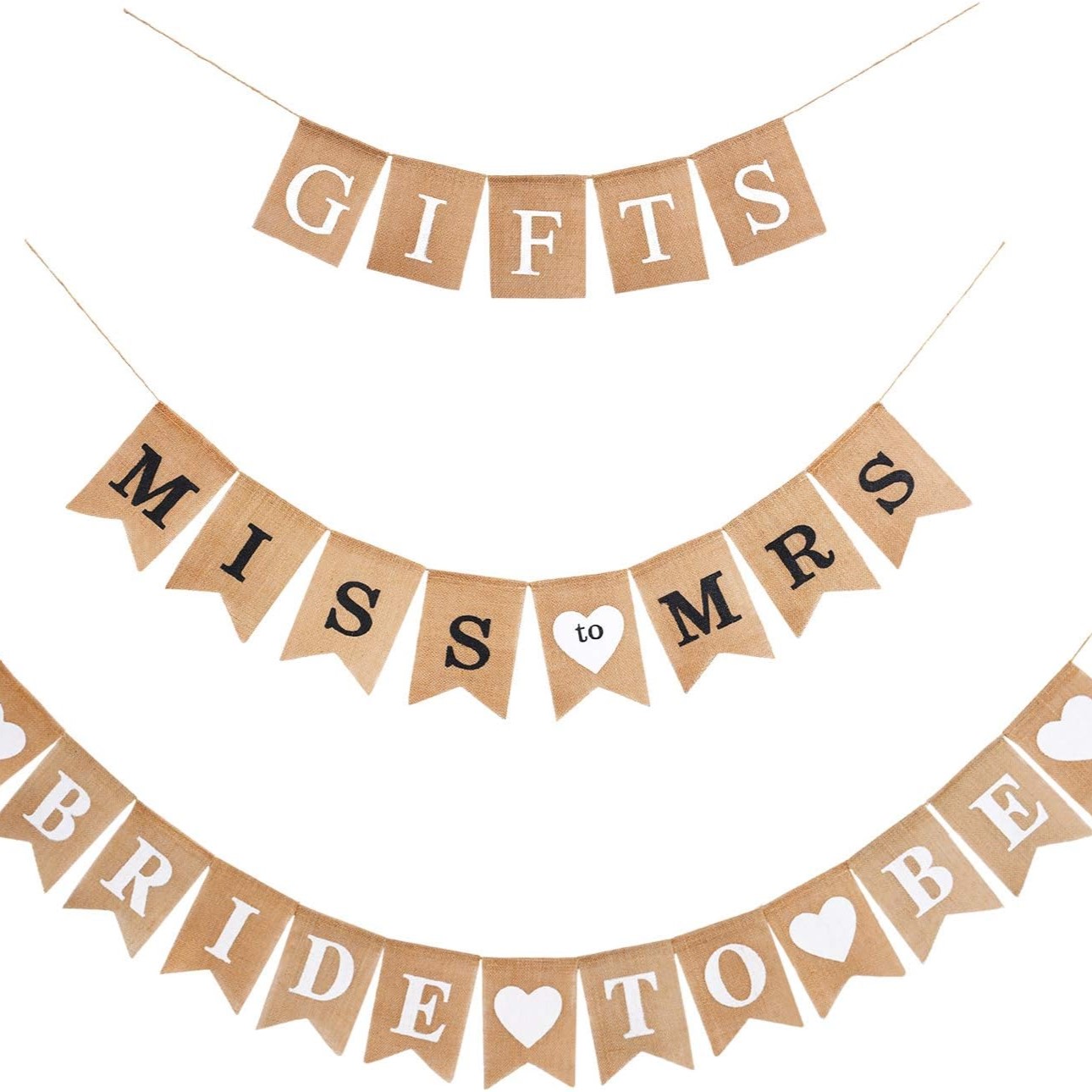 Three different wedding themed banners made of burlap flags; "Gifts," "Miss to Mrs.," and "Bride to Be."