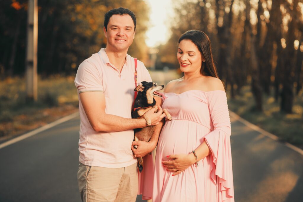 engaged couple holding their dog lovingly in front of a setting sun