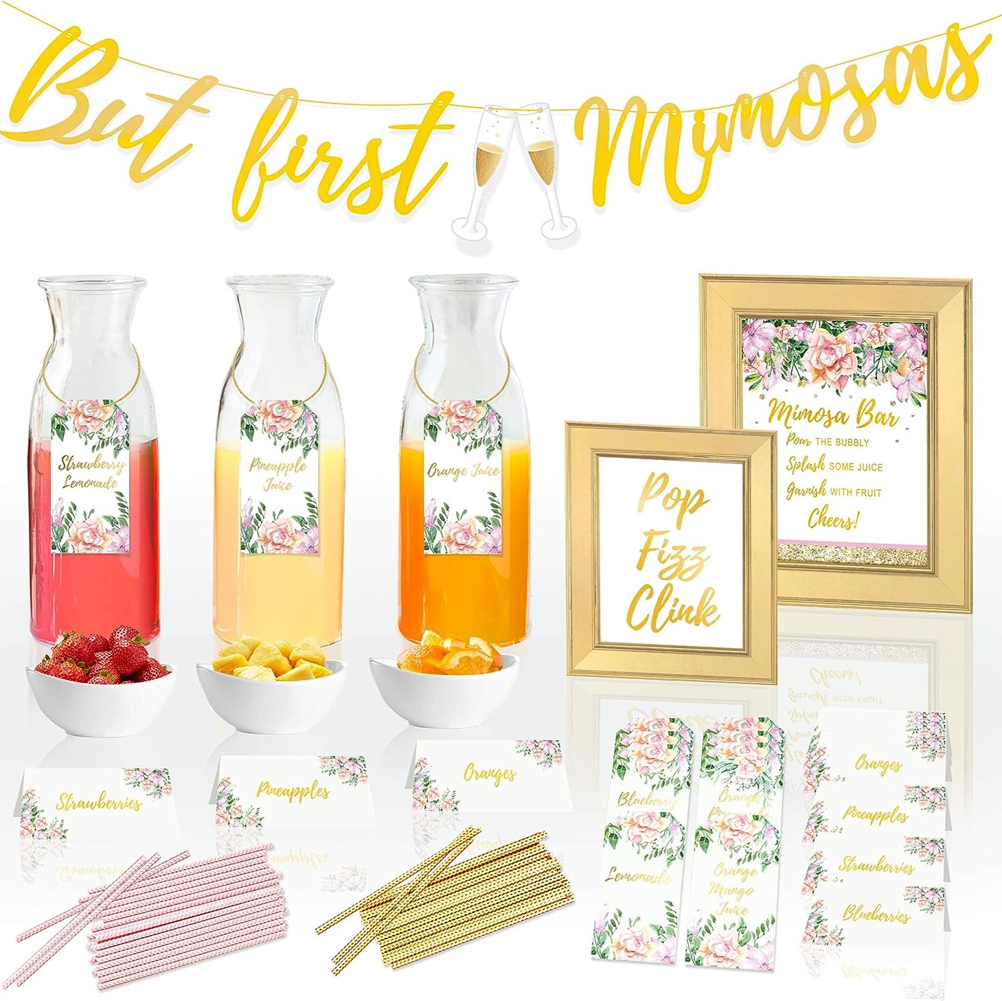 Content layout for a mimosa bar decorations kit. Included is a "But first mimosas" banner, two bar signs, printed drink tags, and paper straws.