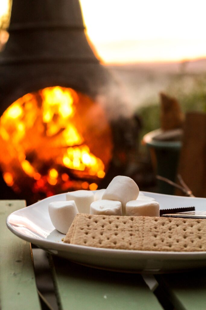 a s'mores station in front of a roaring fire in the evening