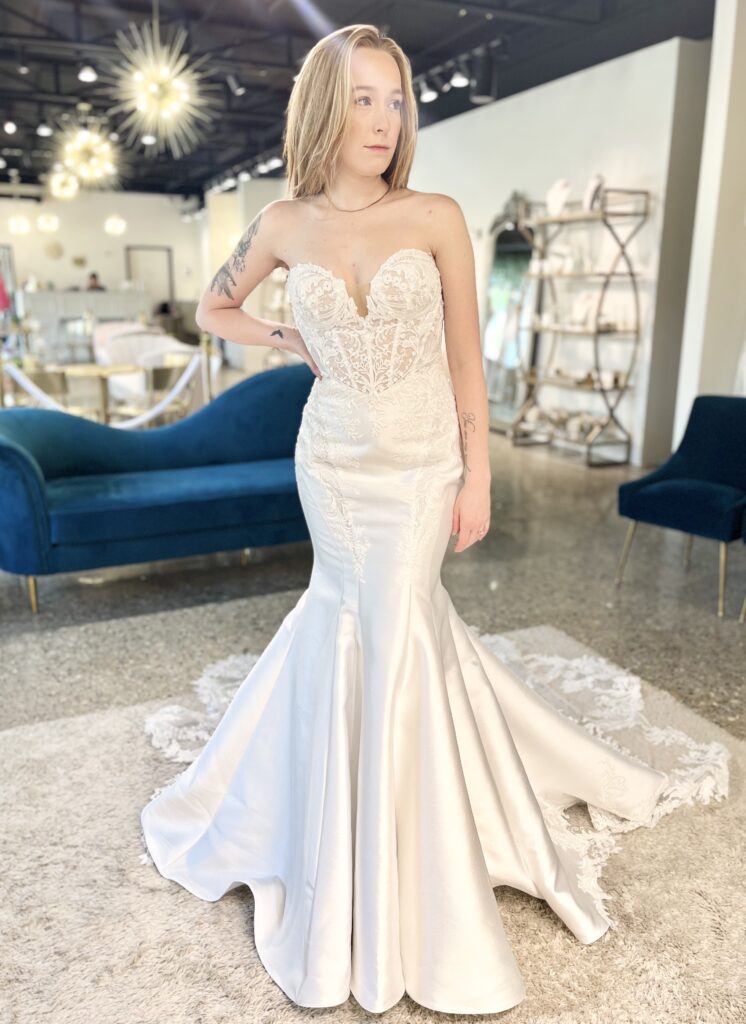 Jeanette is a strapless gown with an illusion lace top and mikado bottom