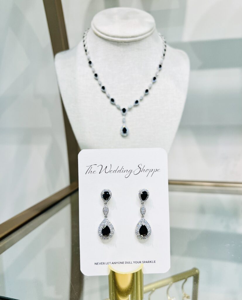 Black teardrop earrings and necklace from The Wedding Shoppe