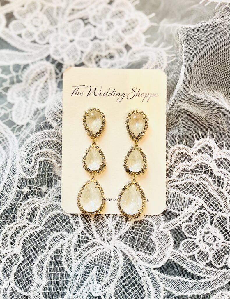 Bold dangle earrings with clear stones and pave crystals from The Wedding Shoppe