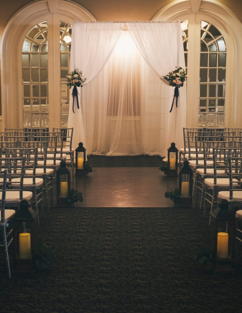 beautiful winter wedding venue with warm lighting and white lace