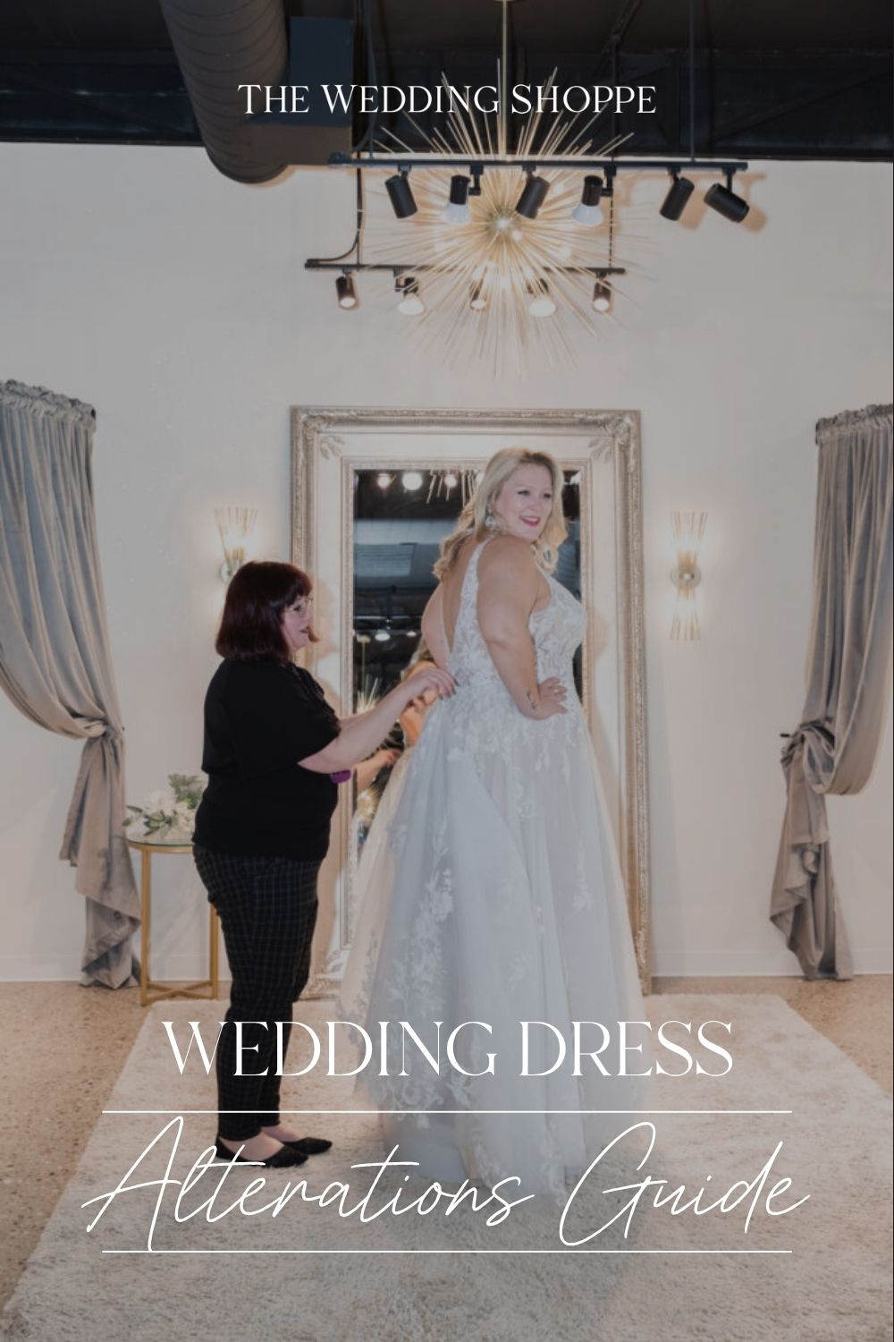 Pinnable blog post graphic for "Wedding Dress Alterations Guide" from The Wedding Shoppe.