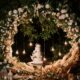 floral and plant archway with hanging lights behind a tiered wedding cake