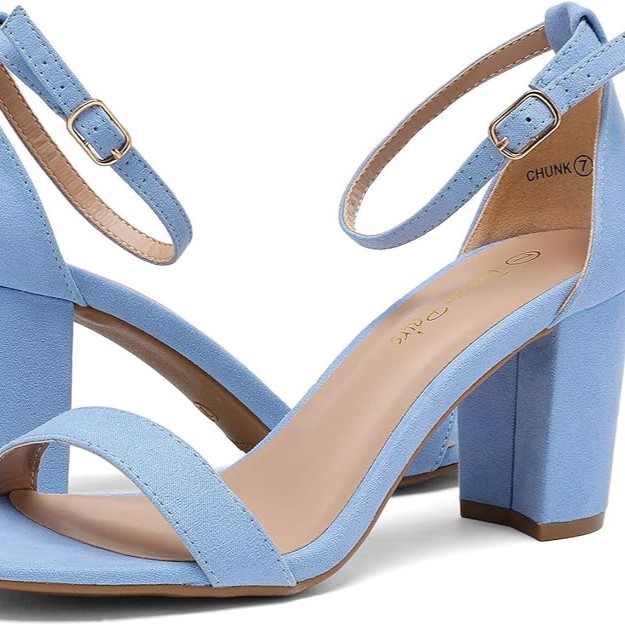 Pair of blue, chunky heel sandals.